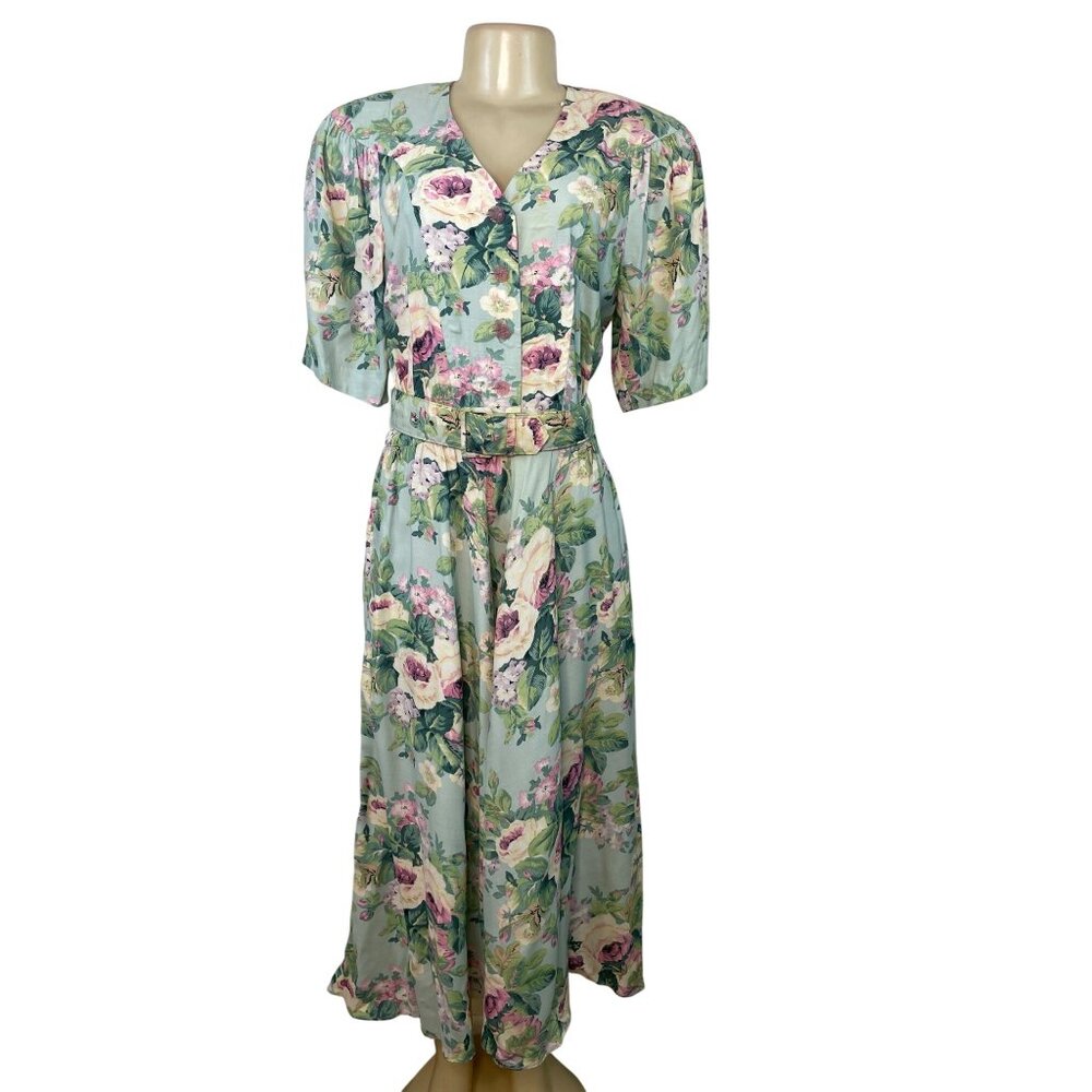 Vintage E.D. Michaels Floral Midi Dress Light Blue Green Short Sleeve Size 5/6